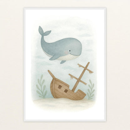 Willi der Wal - Motiv: "Schiffswrack" Poster mit Holzrahmen von tinylearner