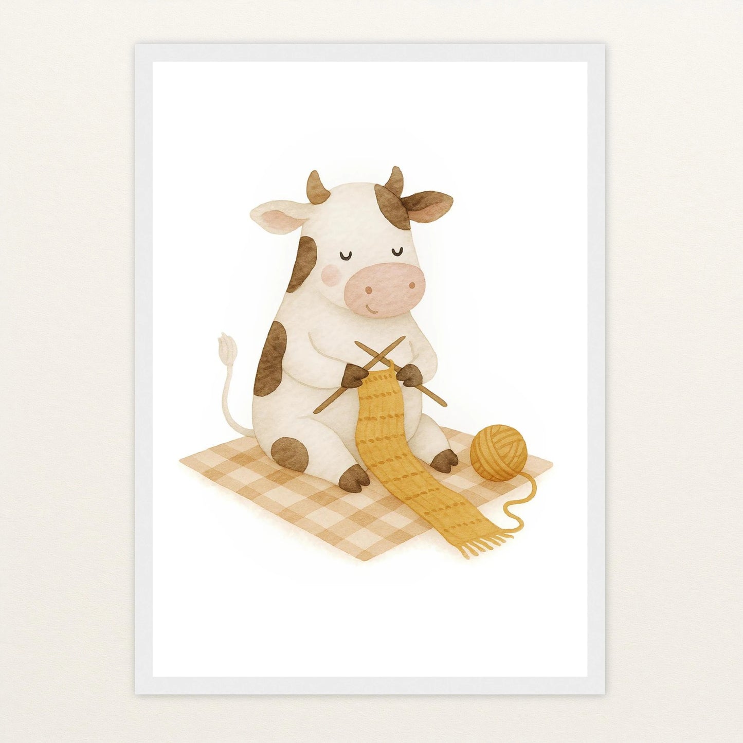 Klara die Kuh - Motiv: "Häkeln" Poster mit Holzrahmen von tinylearner