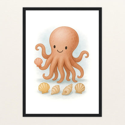 Tilli der Tintenfisch - Motiv: "Muscheln" Poster mit Holzrahmen von tinylearner