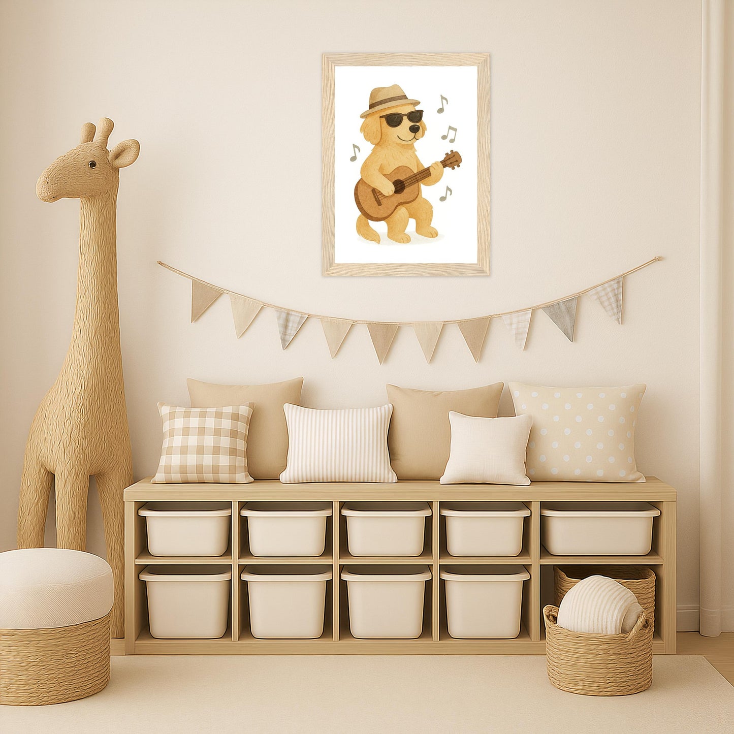 Hugo der Hund - Motiv: "Gitarre" Poster mit Holzrahmen von tinylearner