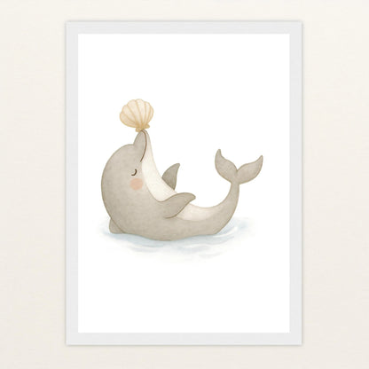 Dora der Delfin - Motiv: "Muschel" Poster mit Holzrahmen von tinylearner