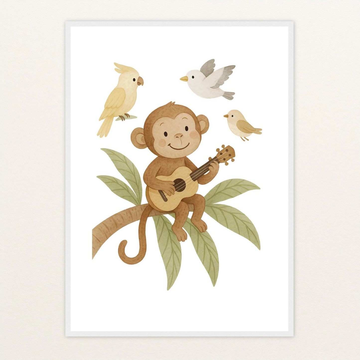 Aki der Affe - Motiv: "Ukulele" Poster mit Holzrahmen von tinylearner