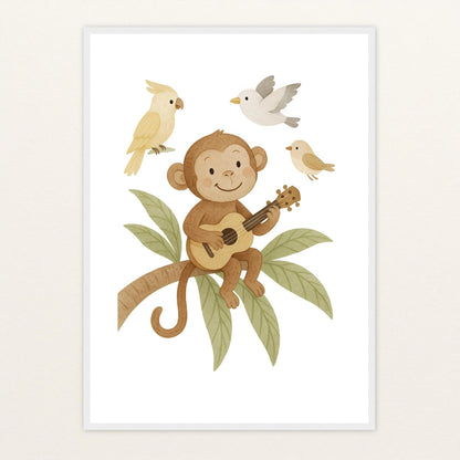 Aki der Affe - Motiv: "Ukulele" Poster mit Holzrahmen von tinylearner