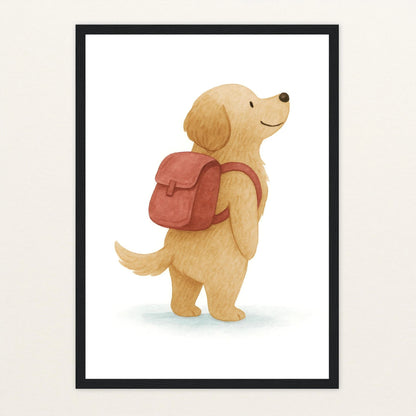 Hugo der Hund - Motiv: "Rucksack" Poster mit Holzrahmen von tinylearner
