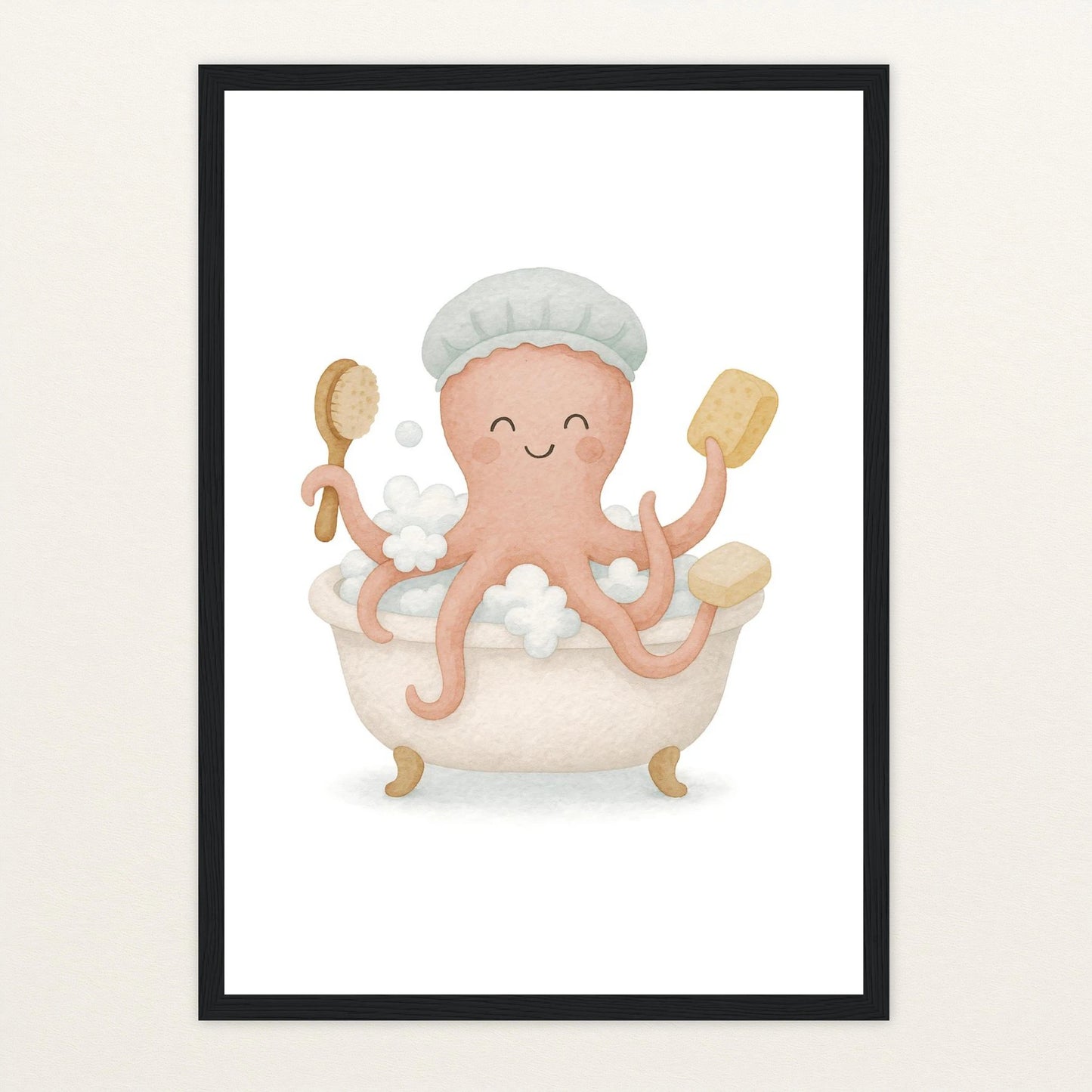Tilli der Tintenfisch - Motiv: "Baden" Poster mit Holzrahmen von tinylearner