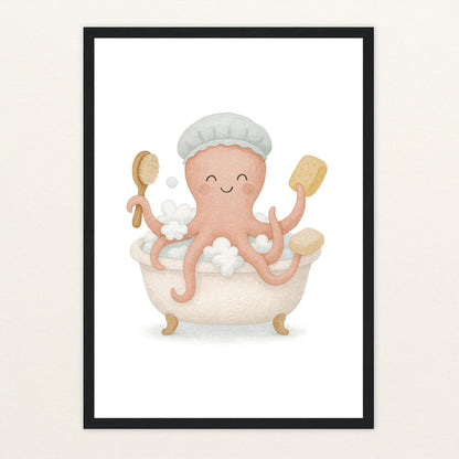 Tilli der Tintenfisch - Motiv: "Baden" Poster mit Holzrahmen von tinylearner