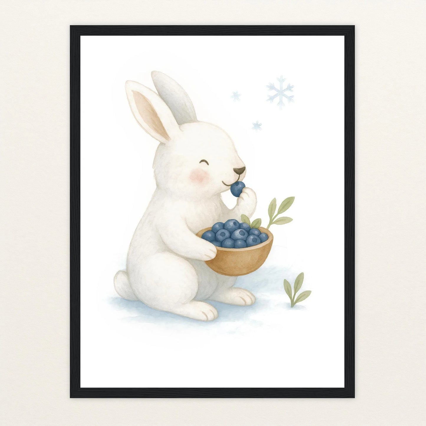 Sina der Schneehase - Motiv: "Blaubeeren" Poster mit Holzrahmen von tinylearner