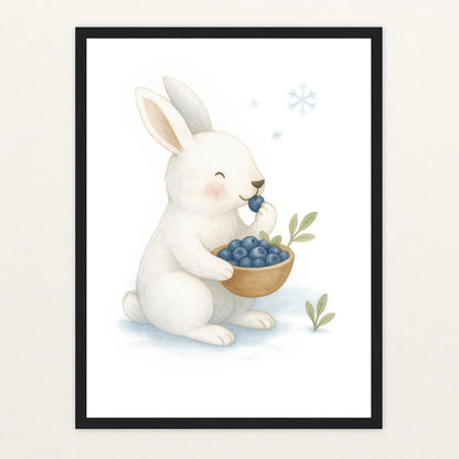 Sina der Schneehase - Motiv: "Blaubeeren" Poster mit Holzrahmen von tinylearner