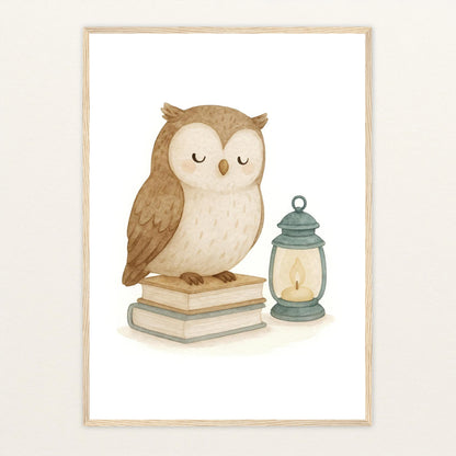 Emmi die Eule - Motiv: "Buch" Poster mit Holzrahmen von tinylearner