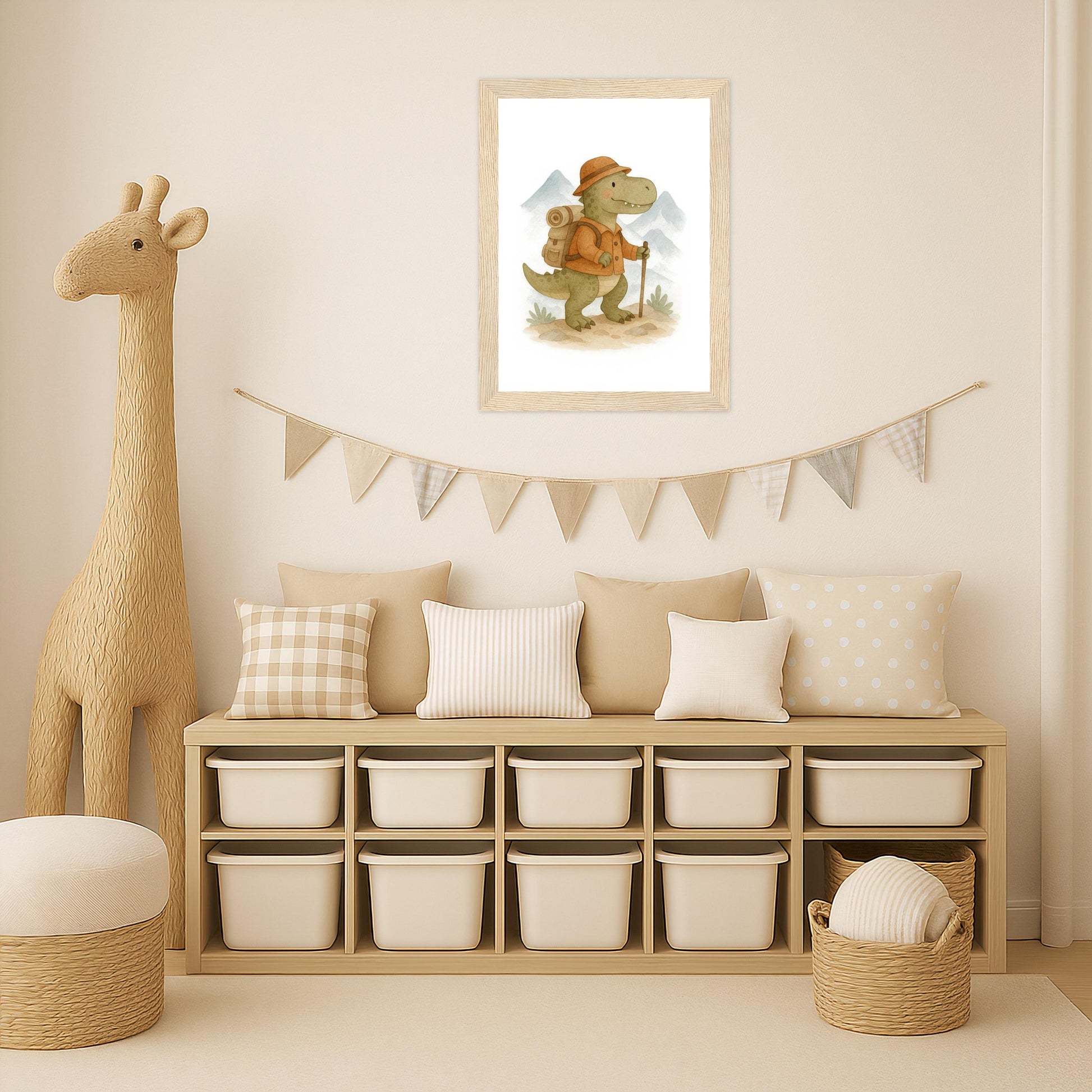 Dinosaurier T-Rex - Motiv: "Wandern" Poster mit Holzrahmen von tinylearner