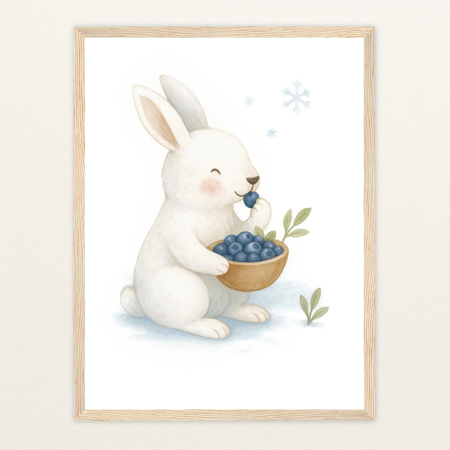 Sina der Schneehase - Motiv: "Blaubeeren" Poster mit Holzrahmen von tinylearner