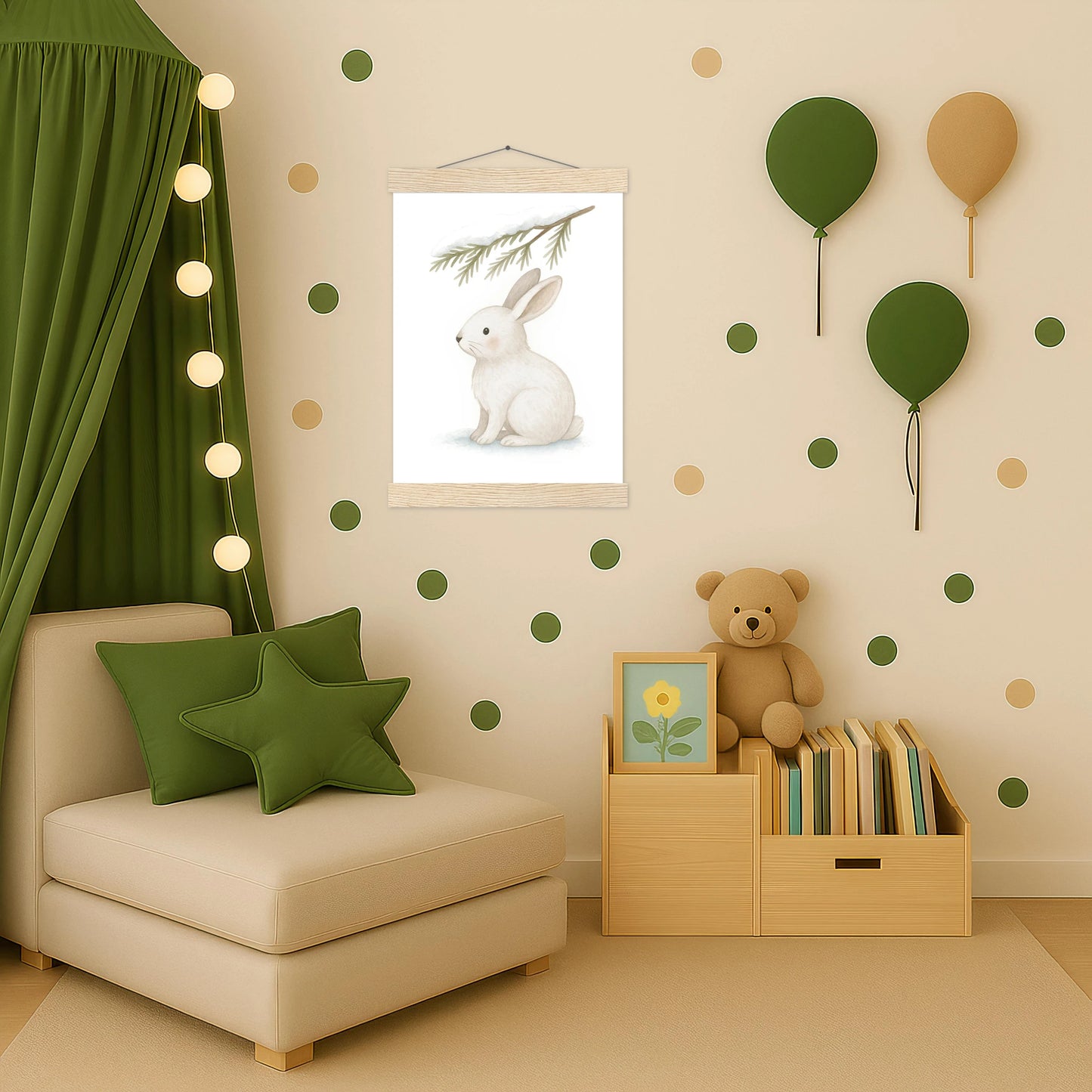 Sina der Schneehase - Motiv: "Nadelzweig" Poster mit Leisten von tinylearner