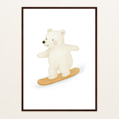 Pummel der Polarbär - Motiv: "Snowboard" Poster mit Holzrahmen von tinylearner