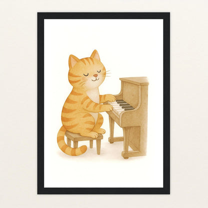 Kira die Katze - Motiv: "Klavier" Poster mit Holzrahmen von tinylearner