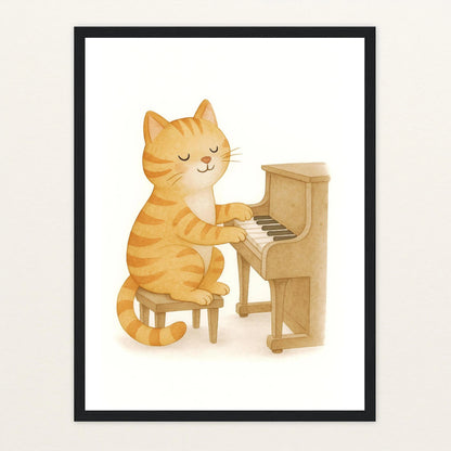 Kira die Katze - Motiv: "Klavier" Poster mit Holzrahmen von tinylearner