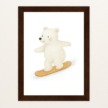 Pummel der Polarbär - Motiv: "Snowboard" Poster mit Holzrahmen von tinylearner
