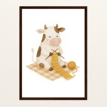 Klara die Kuh - Motiv: "Häkeln" Poster mit Holzrahmen von tinylearner
