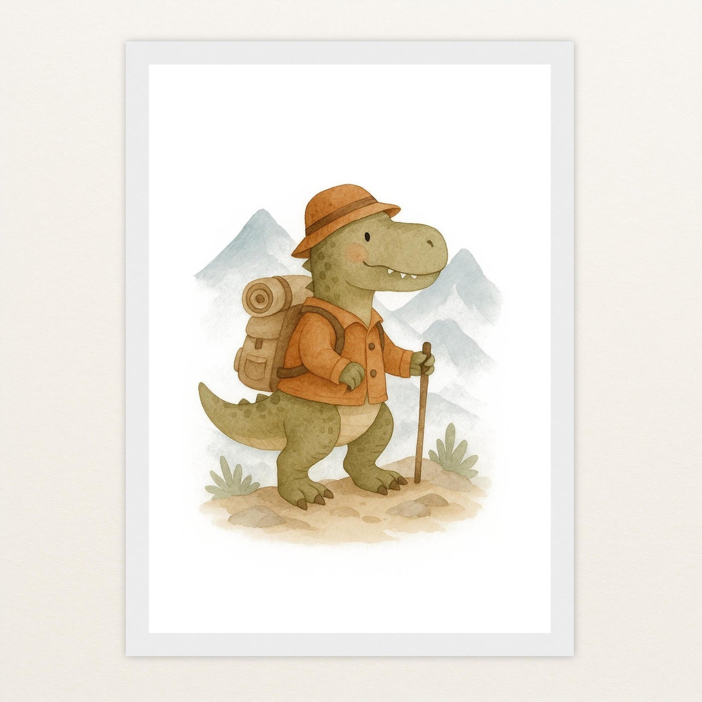 Dinosaurier T-Rex - Motiv: "Wandern" Poster mit Holzrahmen von tinylearner