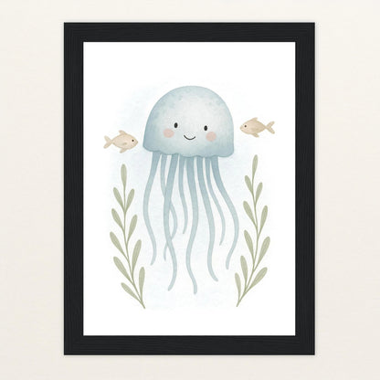 Quinn die Qualle Poster mit Holzrahmen von tinylearner