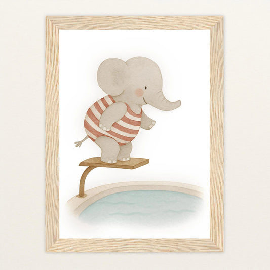 Emil der Elefant - Motiv: "Pool" Poster mit Holzrahmen von tinylearner