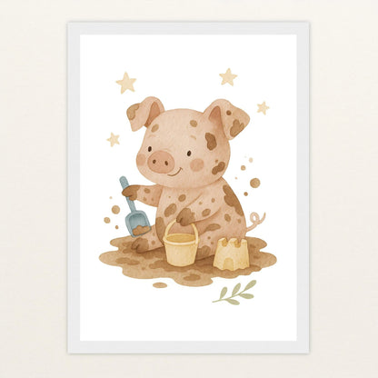 Susi das Schwein - Motiv: "Sandkasten" Poster mit Holzrahmen von tinylearner