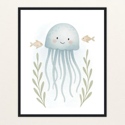 Quinn die Qualle Poster mit Holzrahmen von tinylearner