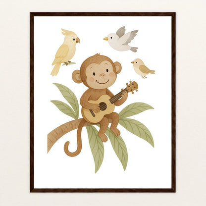Aki der Affe - Motiv: "Ukulele" Poster mit Holzrahmen von tinylearner