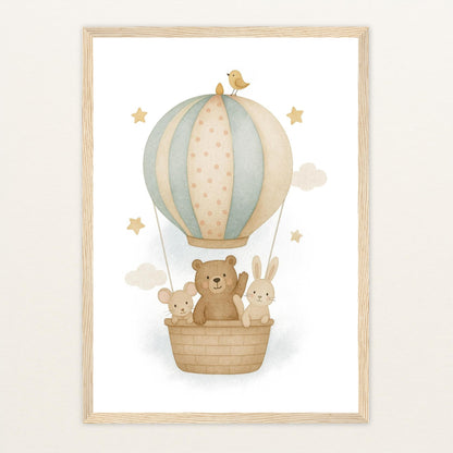 Tierfreunde - Motiv: "Heißluftballon" Poster mit Holzrahmen von tinylearner
