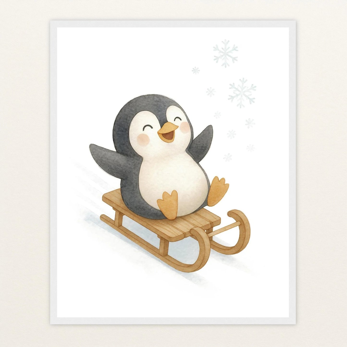 Pia der Pinguin - Motiv: "Schlitten" Poster mit Holzrahmen von tinylearner