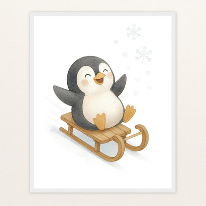 Pia der Pinguin - Motiv: "Schlitten" Poster mit Holzrahmen von tinylearner