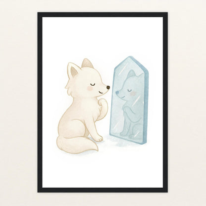 Pino der Polarfuchs - Motiv: "Spiegel" Poster mit Holzrahmen von tinylearner