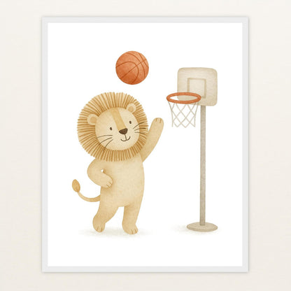 Leo der Löwe - Motiv: "Basketball" Poster mit Holzrahmen von tinylearner