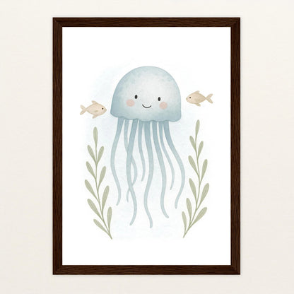 Quinn die Qualle Poster mit Holzrahmen von tinylearner