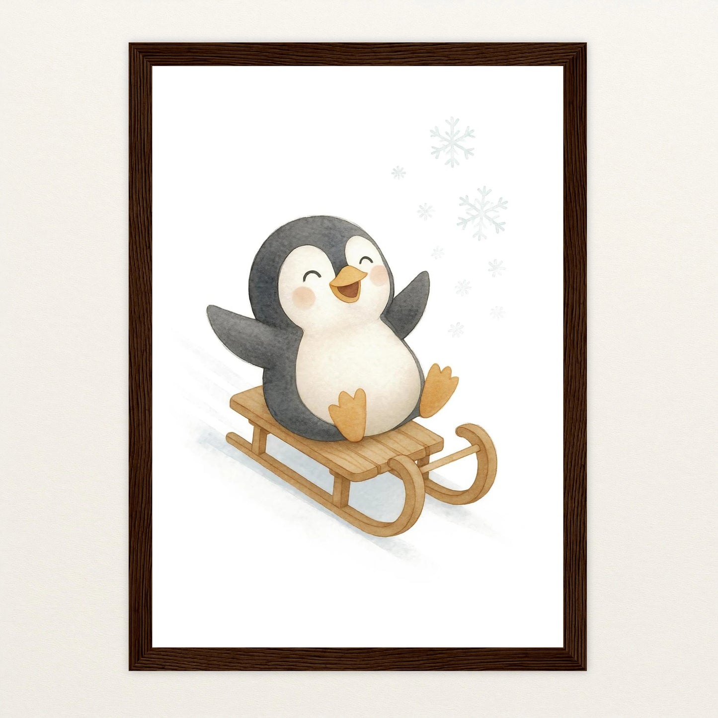 Pia der Pinguin - Motiv: "Schlitten" Poster mit Holzrahmen von tinylearner