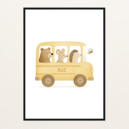 Tierfreunde - Motiv: "Schulbus" Poster mit Holzrahmen von tinylearner