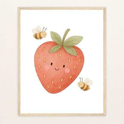 Obst: Erdbeere Poster mit Holzrahmen von tinylearner