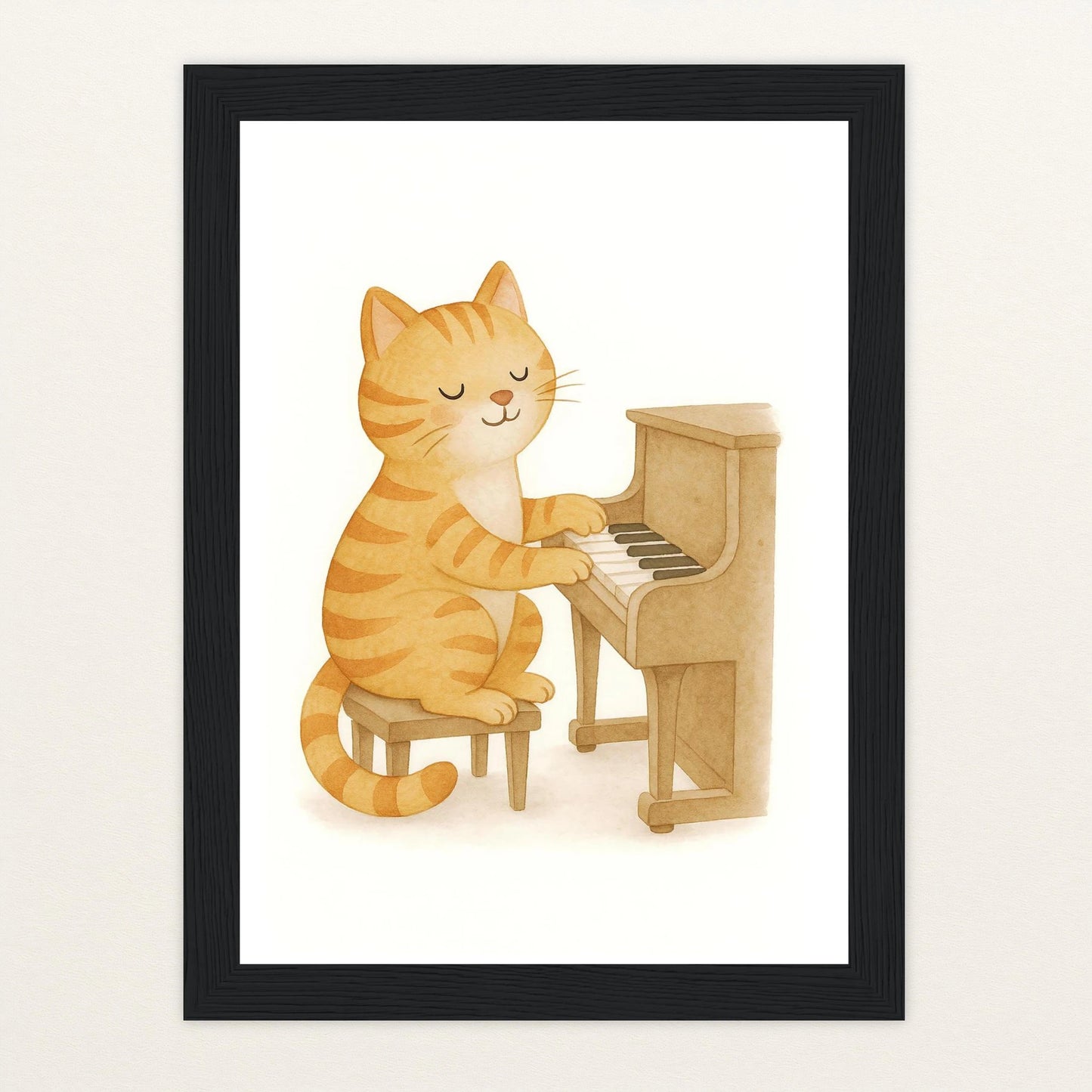 Kira die Katze - Motiv: "Klavier" Poster mit Holzrahmen von tinylearner