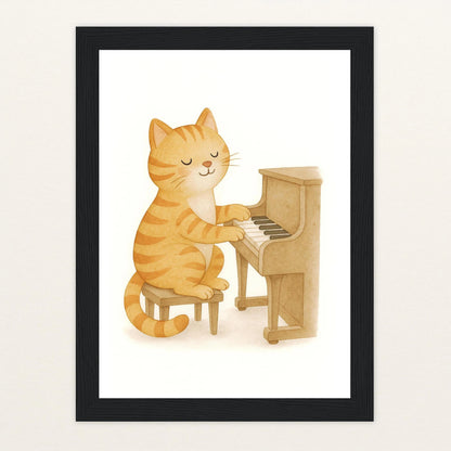 Kira die Katze - Motiv: "Klavier" Poster mit Holzrahmen von tinylearner