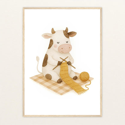 Klara die Kuh - Motiv: "Häkeln" Poster mit Holzrahmen von tinylearner