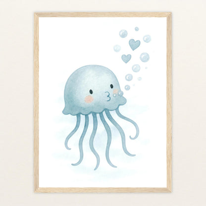 Quinn die Qualle - Motiv: "Luftblasen" Poster mit Holzrahmen von tinylearner