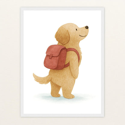 Hugo der Hund - Motiv: "Rucksack" Poster mit Holzrahmen von tinylearner
