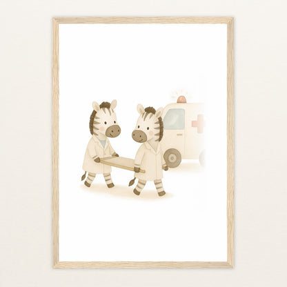 Zinni das Zebra - Motiv: "Krankenwagen" Poster mit Holzrahmen von tinylearner