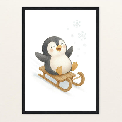 Pia der Pinguin - Motiv: "Schlitten" Poster mit Holzrahmen von tinylearner