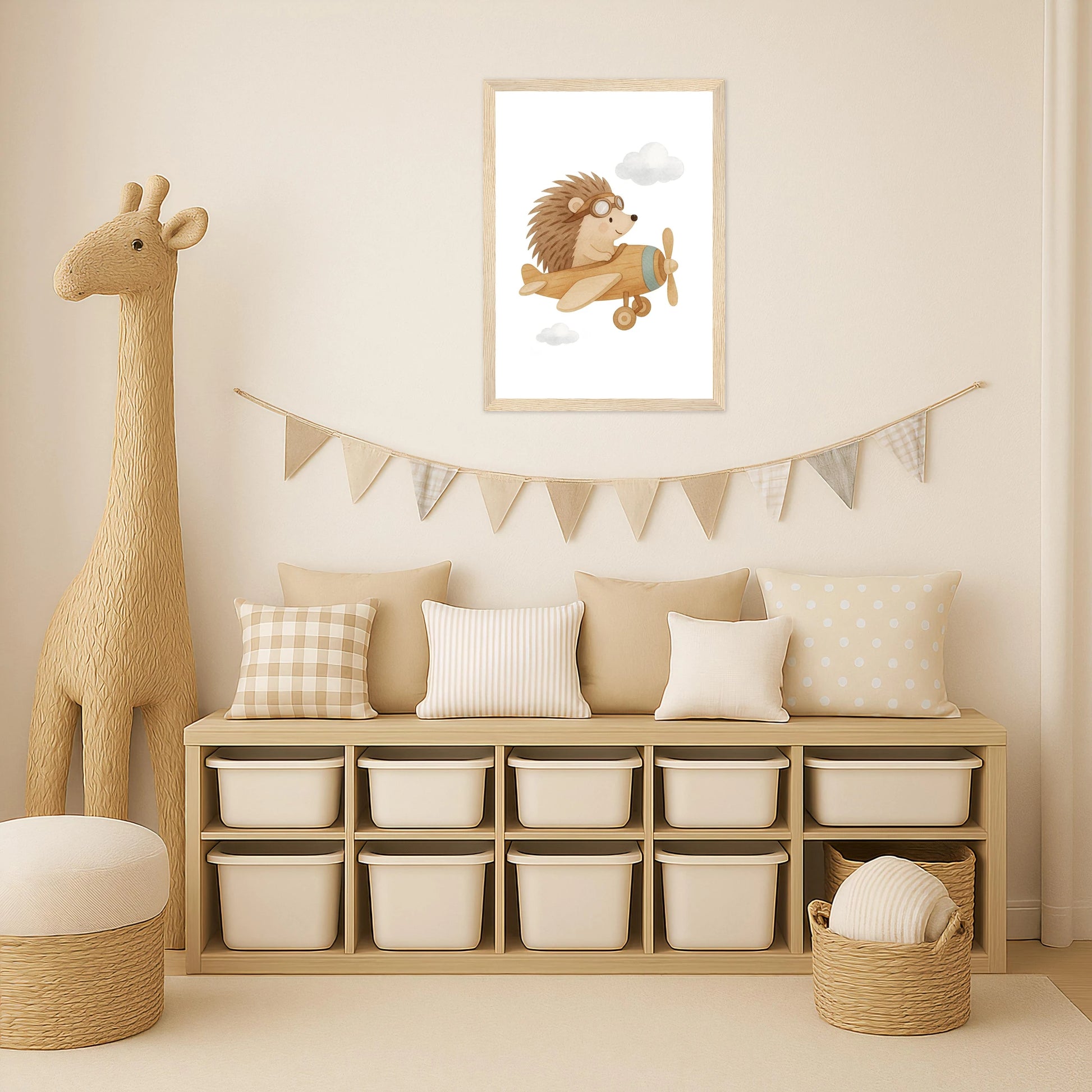 Iggi der Igel - Motiv: "Flugzeug" Poster mit Holzrahmen von tinylearner