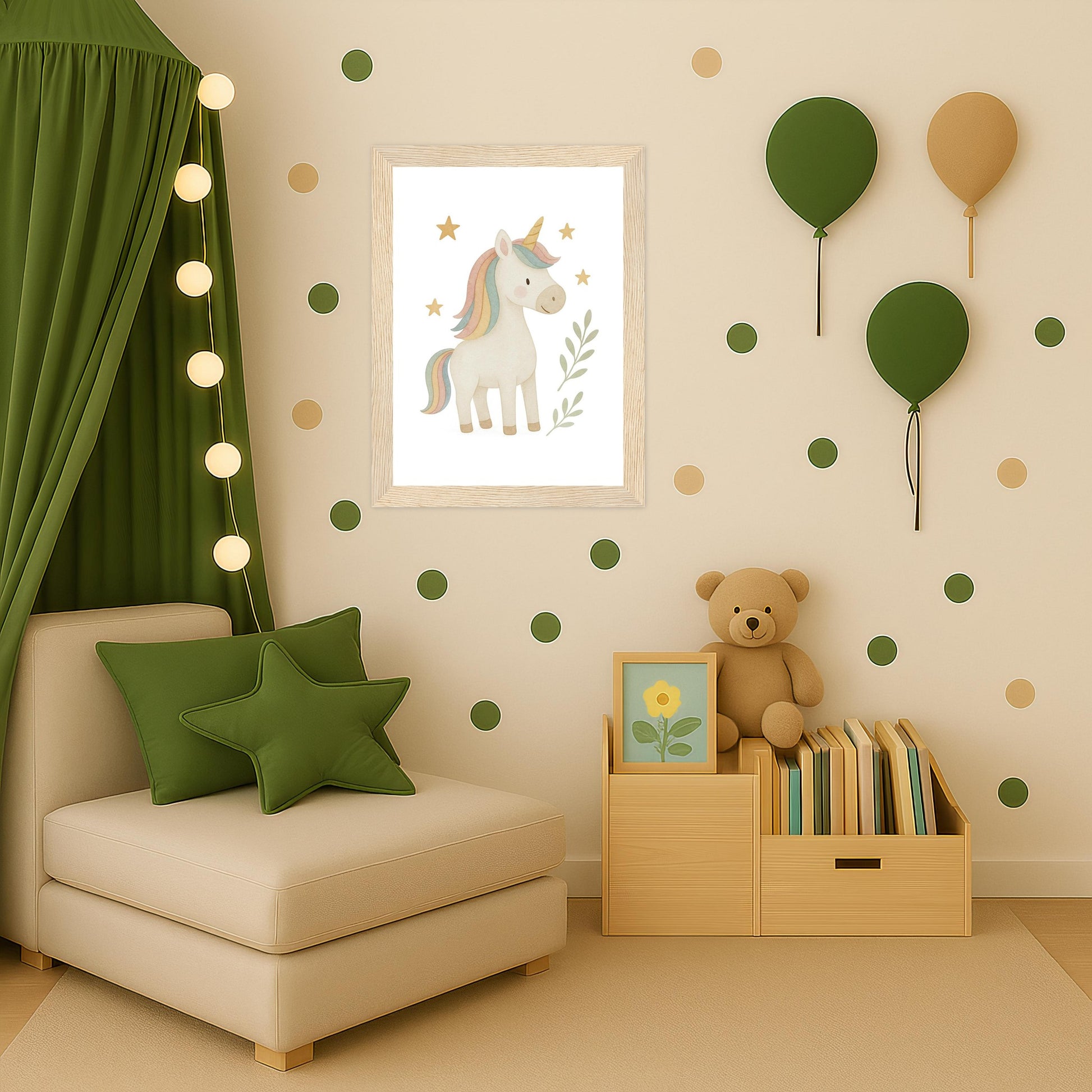 Luni das Einhorn Poster mit Holzrahmen von tinylearner