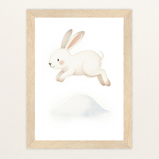 Sina der Schneehase - Motiv: "Schneehügel" Poster mit Holzrahmen von tinylearner