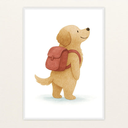Hugo der Hund - Motiv: "Rucksack" Poster mit Holzrahmen von tinylearner