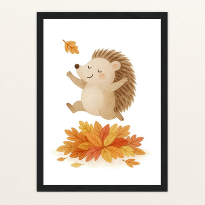 Iggi der Igel - Motiv: "Laub" Poster mit Holzrahmen von tinylearner