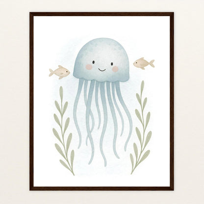 Quinn die Qualle Poster mit Holzrahmen von tinylearner