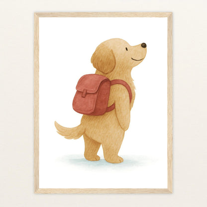 Hugo der Hund - Motiv: "Rucksack" Poster mit Holzrahmen von tinylearner
